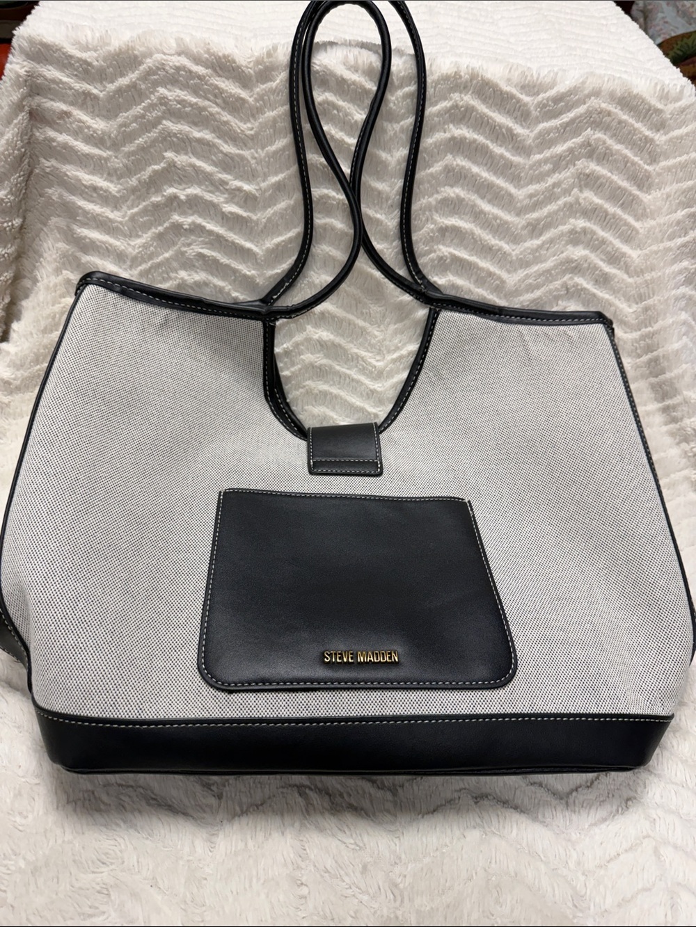 Steve Madden Large Canvas & Faux Leather Black & Cream Tote/Shoulder Bag, Gold